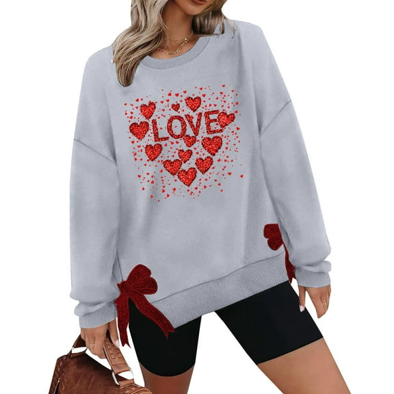 Love Print Casual Valentines Day Sweatshirts with Side Bow Applique