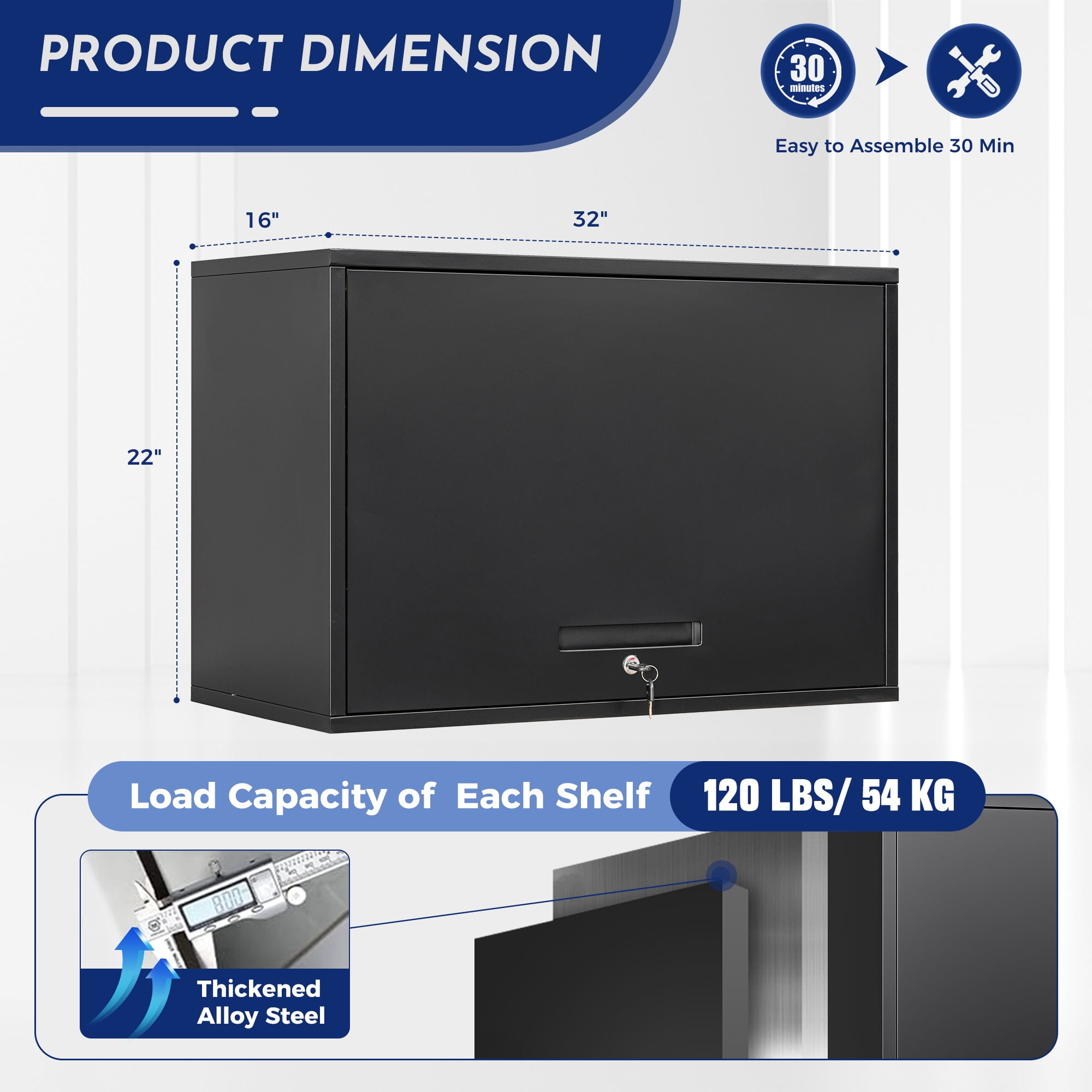 AUHUP Steel Wall Cabinet, Versatile Adjustable Metal Wall Mounted Storage Cabinet Organizer for Garage, Office, Kitchen, Black, 31.5"W x 22"H x 16"D
