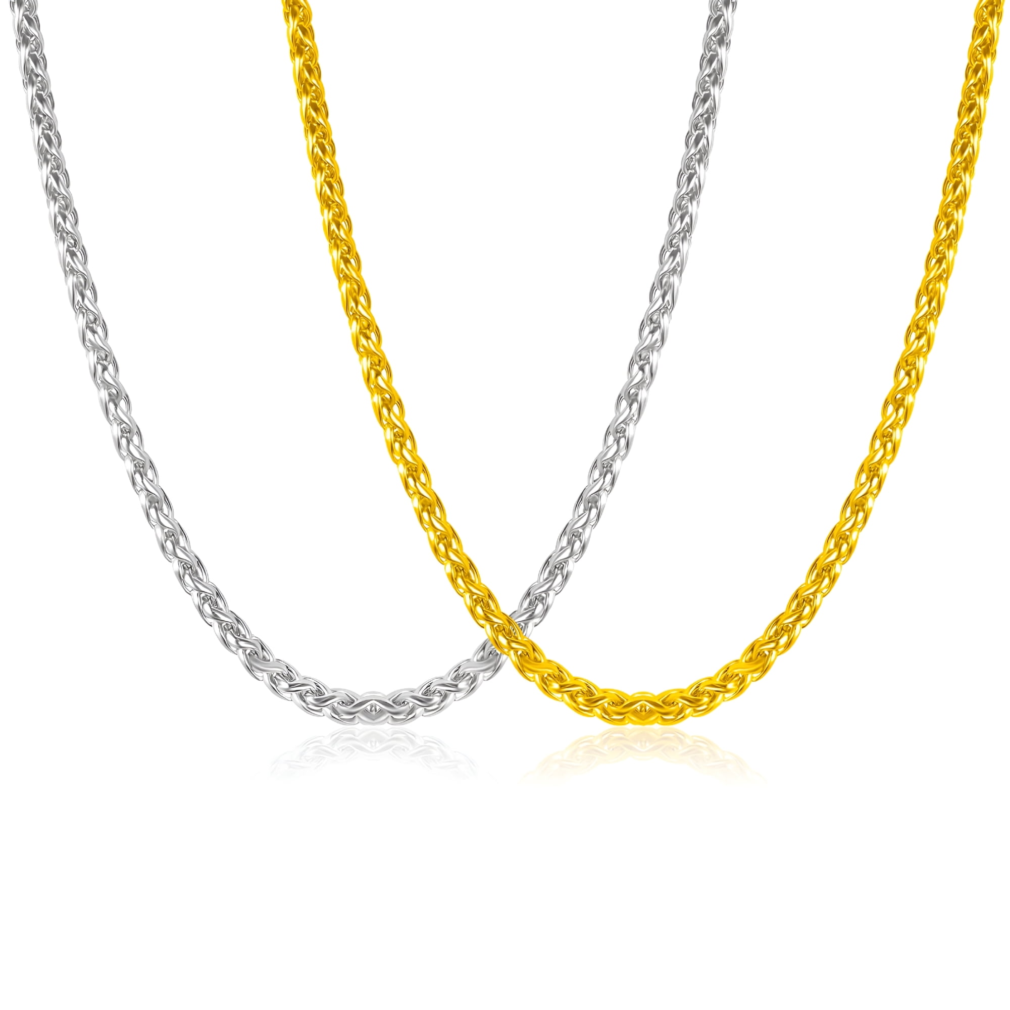 DESIGNICE 2 Pcs Chain Necklace for Men Women, 3Mm Stainless Steel Gold Silver Wheat Rope Chains for Men Jewelry Gift, Paired with Pendants,16"/18"/20"/22"/24"/26"/28"/30"/32" Inches Chain