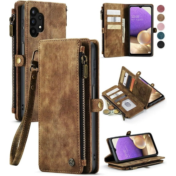 Samsung Galaxy A32 5G Case, Samsung A32 5G Wallet Case, Premium Durable PU Leather [Magnetic Flip] [Zipper Pocket] [Lanyard Strap Wristlet] [Card Holder] Phone Case for Galaxy A32 5G, Brown