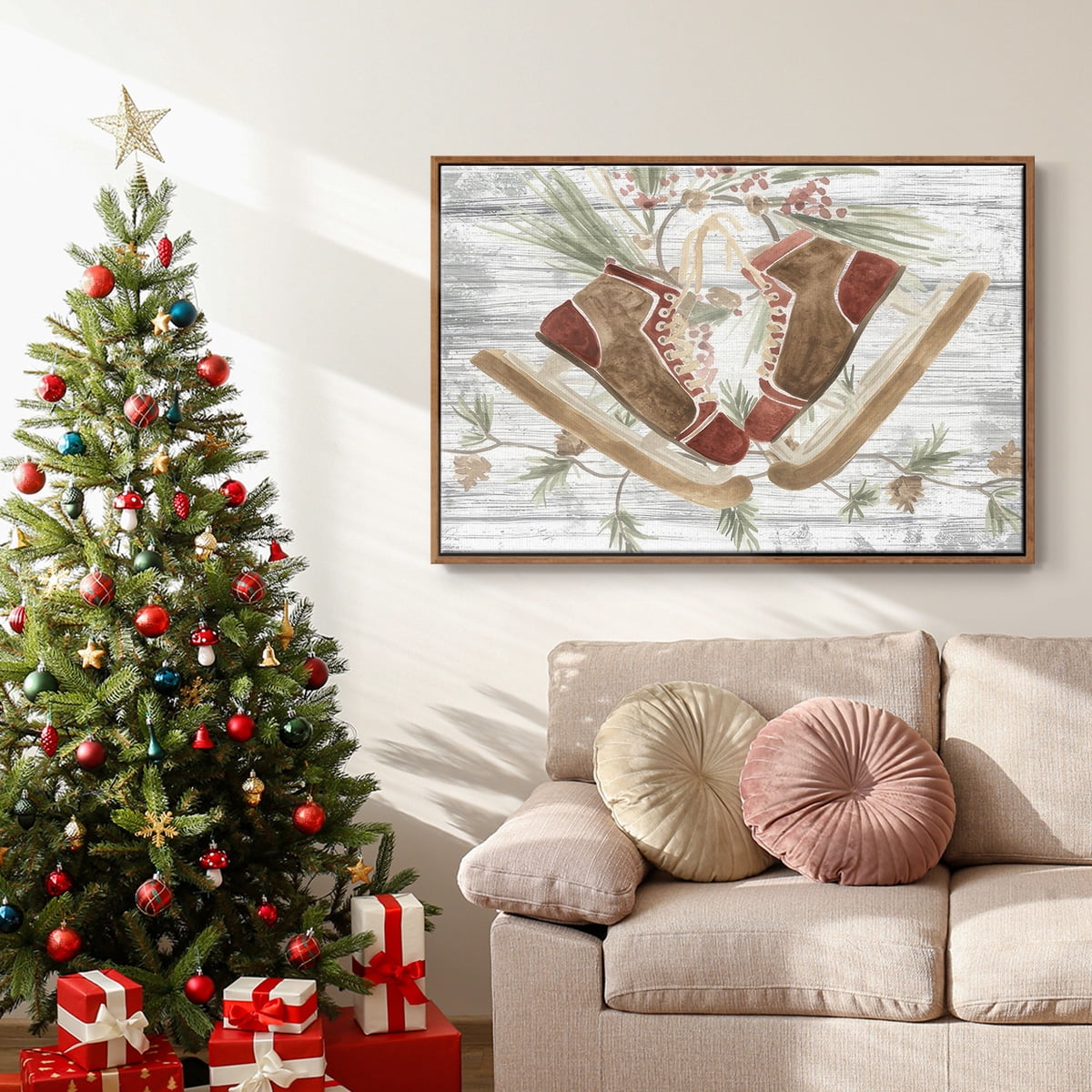 Pinecone Lodge Collection A - Framed Gallery Wrapped Holiday Canvas - 17 x 25 - Rosewood Frame