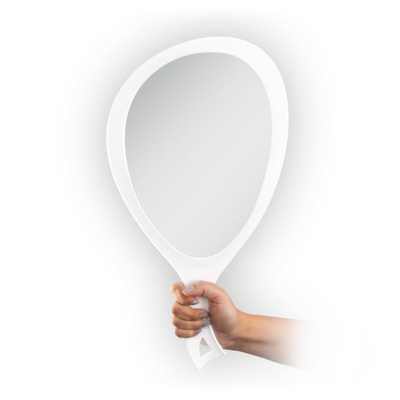 Zadro Salon Professional Espejo de mano extra grande con mango de 10.0 in de ancho x 19.1 in de largo, espejo de mano ovalado multiusos con nuevo reflejo sin distorsión (1 blanco grande (paquete de 1)