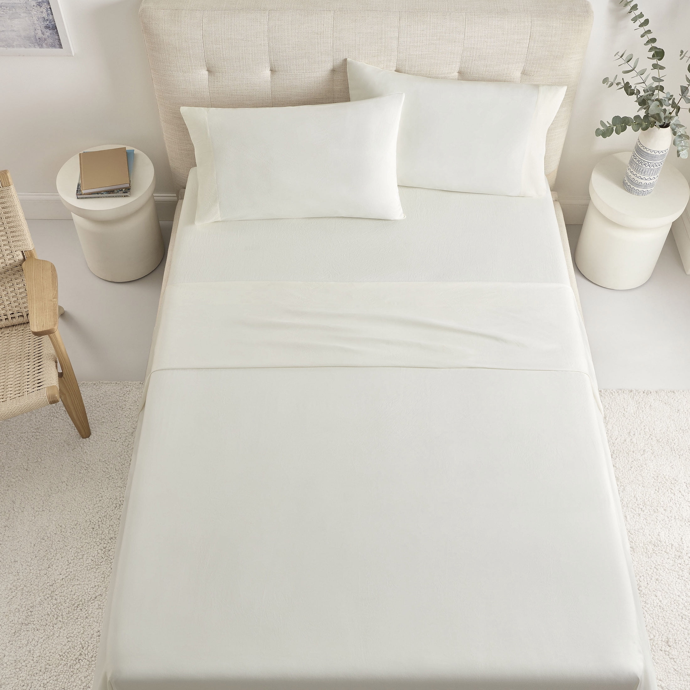 Casual Living Enzyme Comfort Washed 4-Piece White Sheet Set, Brushed for softness, Easy Care, Queen - Deep Pocket