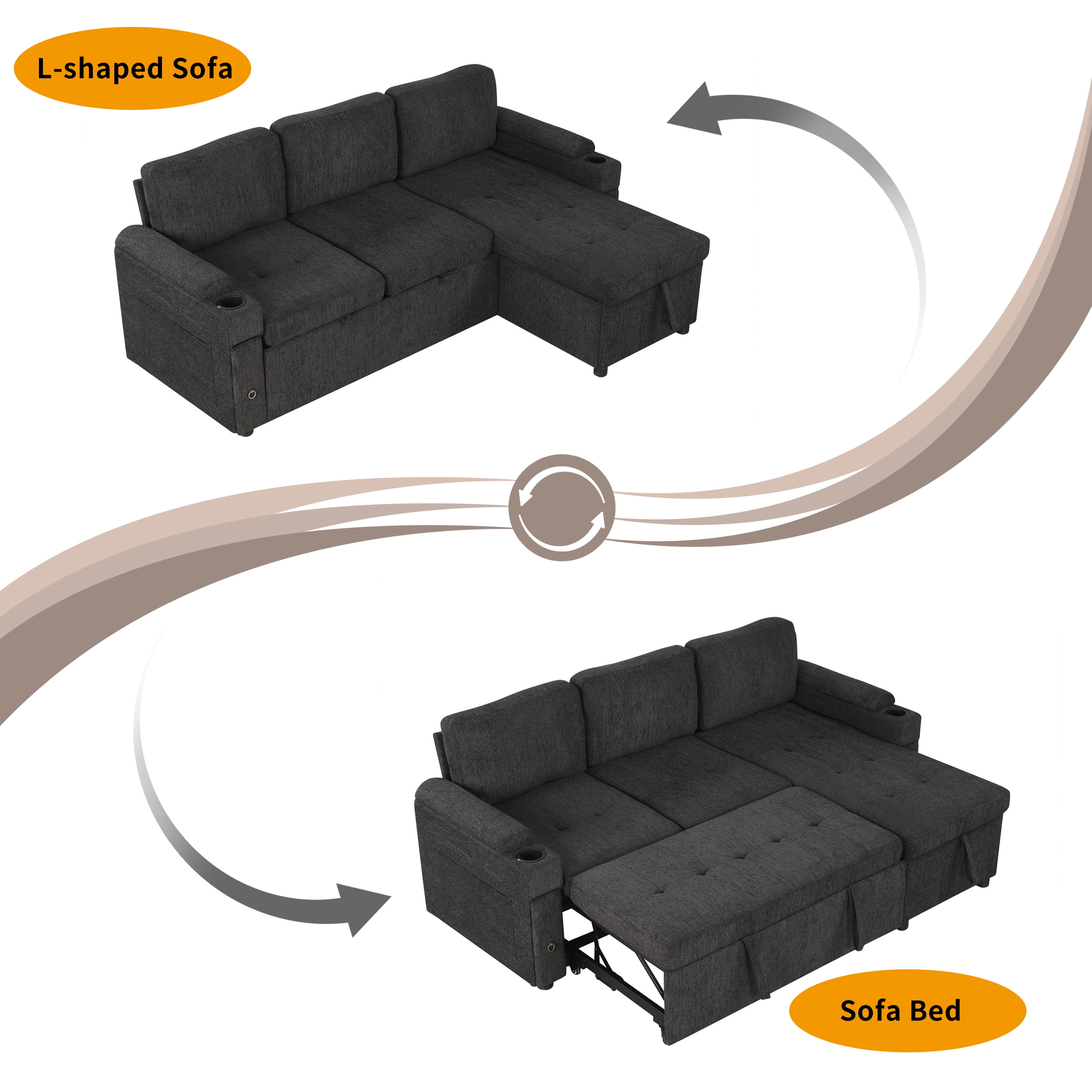 83.5" L-shaped Sofa Couch Convertible Sofa Bed Sectional Sofa with Ample Storage Space, Two Cup Holders and Two USB Ports for Living Room, Black