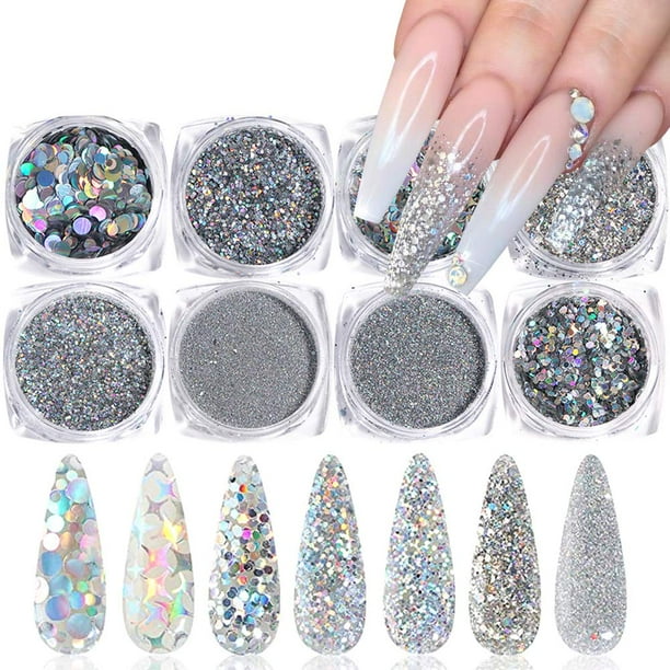 Brillo de uñas holográfico Lentejuelas Suministros de arte de uñas Uñas 3D Copos de brillo Uñas acrílicas brillantes Polvo de polvo Juego de brillos de uñas de plata para decoración de uñas Puntas de Namotu CZMR-YX209