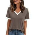 thumbnail image 2 of MIXUE Boho Tops For Women Summer Solid Color V Neck Short Sleeve Casual Warm Tshirts Activewear,Brown,M, 2 of 5