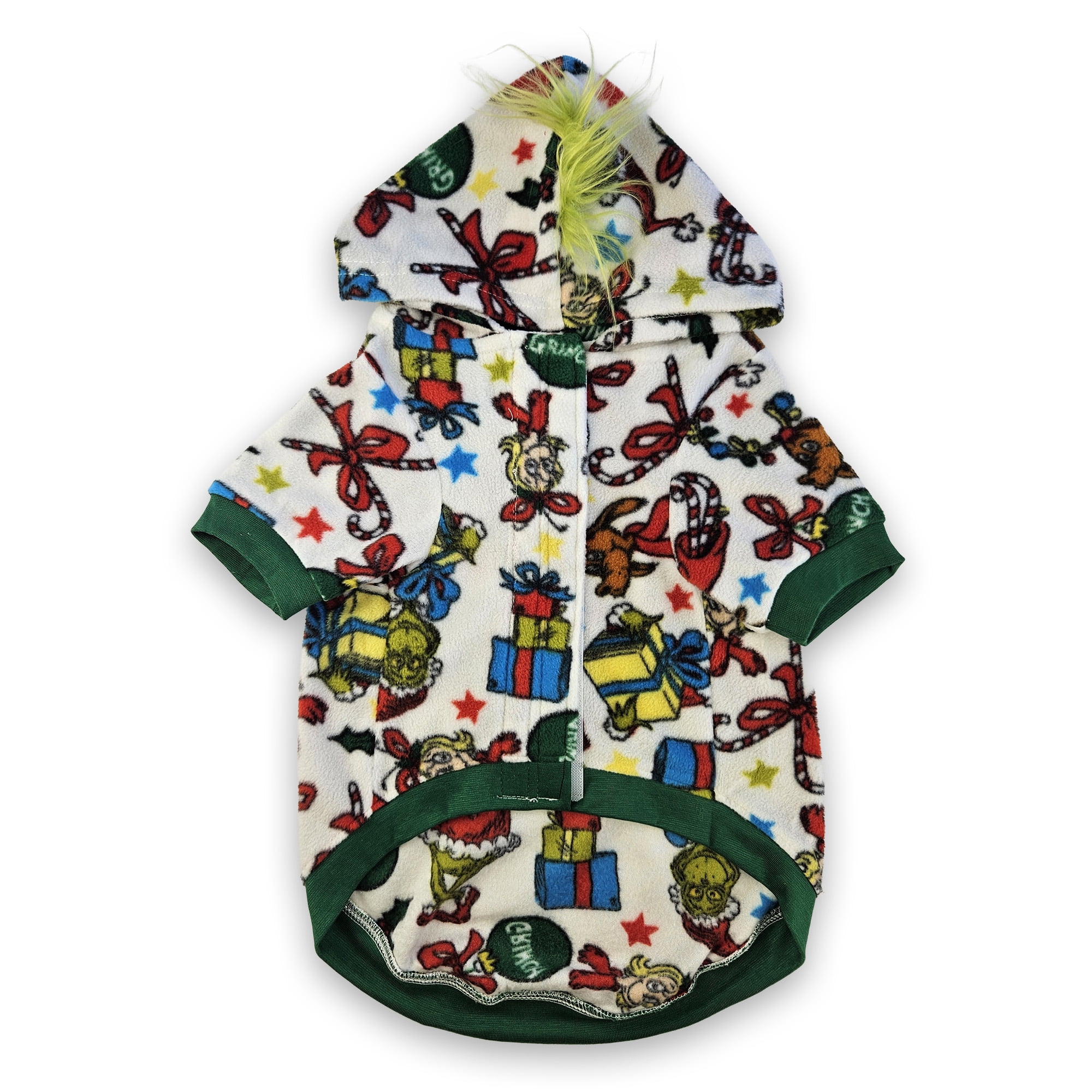 Holiday Grinch 1-Piece Colorful AOP Dog Coat for Your Furry Friend. Made of Cozy Micropolar Fleece, this 1-Piece Hooded Jacket is Soft and Cozy.