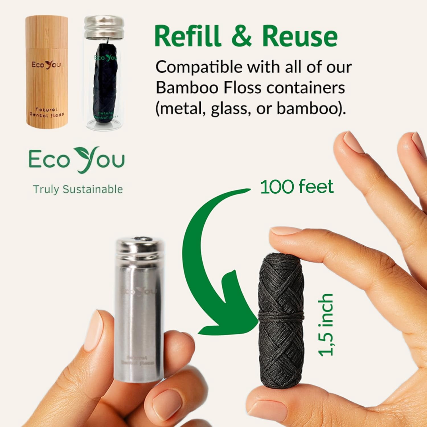 Bamboo Charcoal Dental Floss | Mint & Candelilla Wax | Vegan & Biodegradable (4 Refills with Metal Holder)