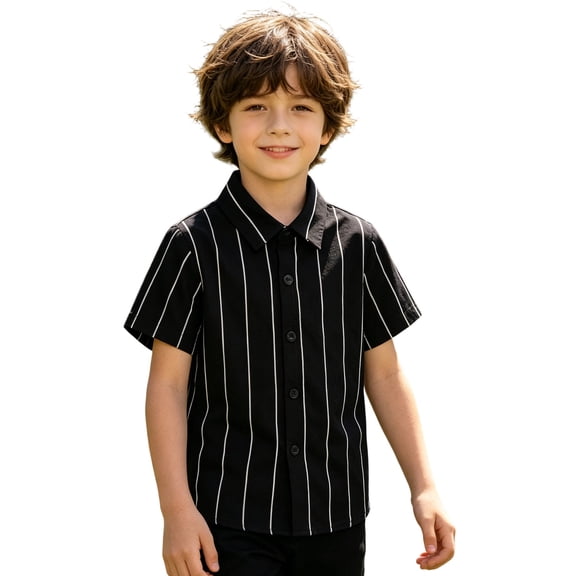 FINALGANG Boys Summer Short Sleeve Shirt Casual Button Down Tops Lightweight Striped Shirts Breathable Comfortable School Dress Shirts Formal Wear 2-3 Years