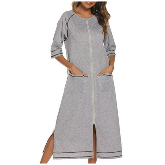 Ruimatai Women's Winter Warm Nightgown Loose Pajamas with Pockets 3/4 Sleeve Zip Front Casual Sleepwear Home Dress All Season Comfortable