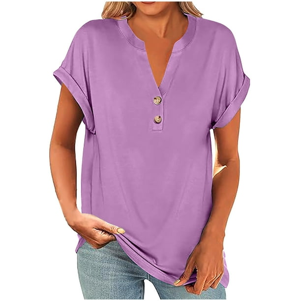 Blusas para las Mujeres Casual Verano Botón Sólido V-Cuello Suelto Camiseta, Moda Algodón/Lino Mezcla Blusa