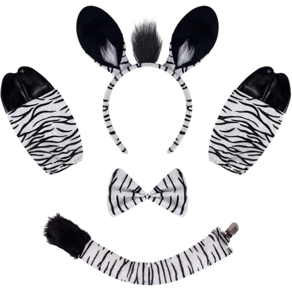 Hfppkn Flannel Zebra Ears Headband Bowtie Tail Gloves Set 4Pcs