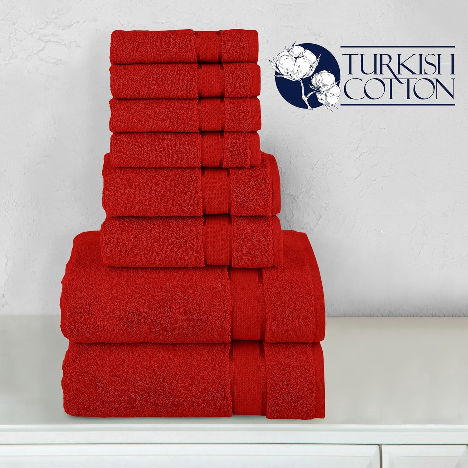 Cotton 8-Piece Towel Set, Includes 4 Washcloths, 2 Hand Towels and 2 Bath Towels, 100% Turkish Cotton - Highly Absorbent and Super Soft Towels for Bathroom, Red