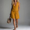 thumbnail image 3 of Women's Linen 2 Piece Outfit, Sleeveless V-Neck Button Vest Top & Elastic Waist Shorts Set with Pockets, Casual Summer Loungewear, Loose Fit,Yellow,S, 3 of 8