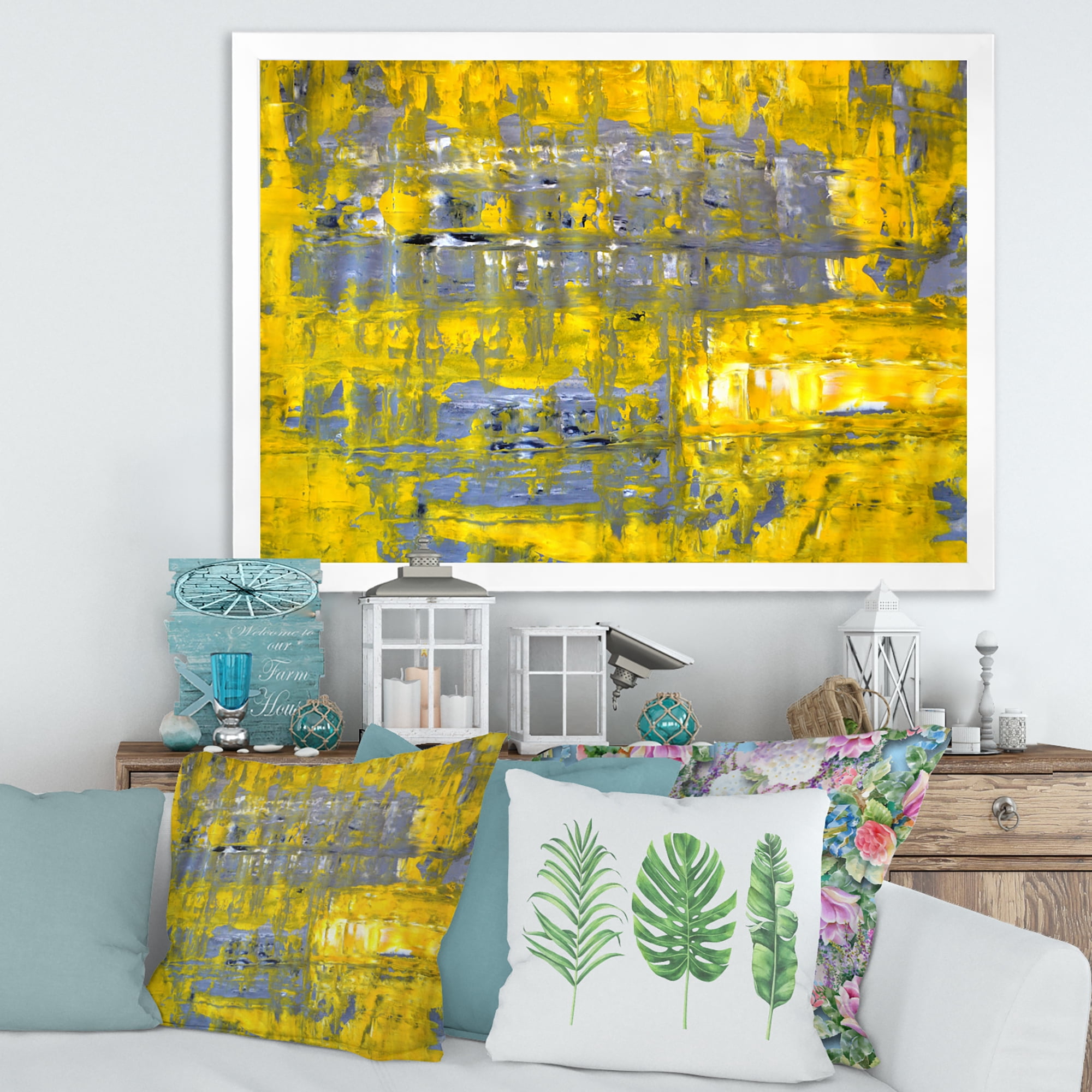 Designart 'Grey Meets Yellow Abstract Art I' Modern Framed Art Print
