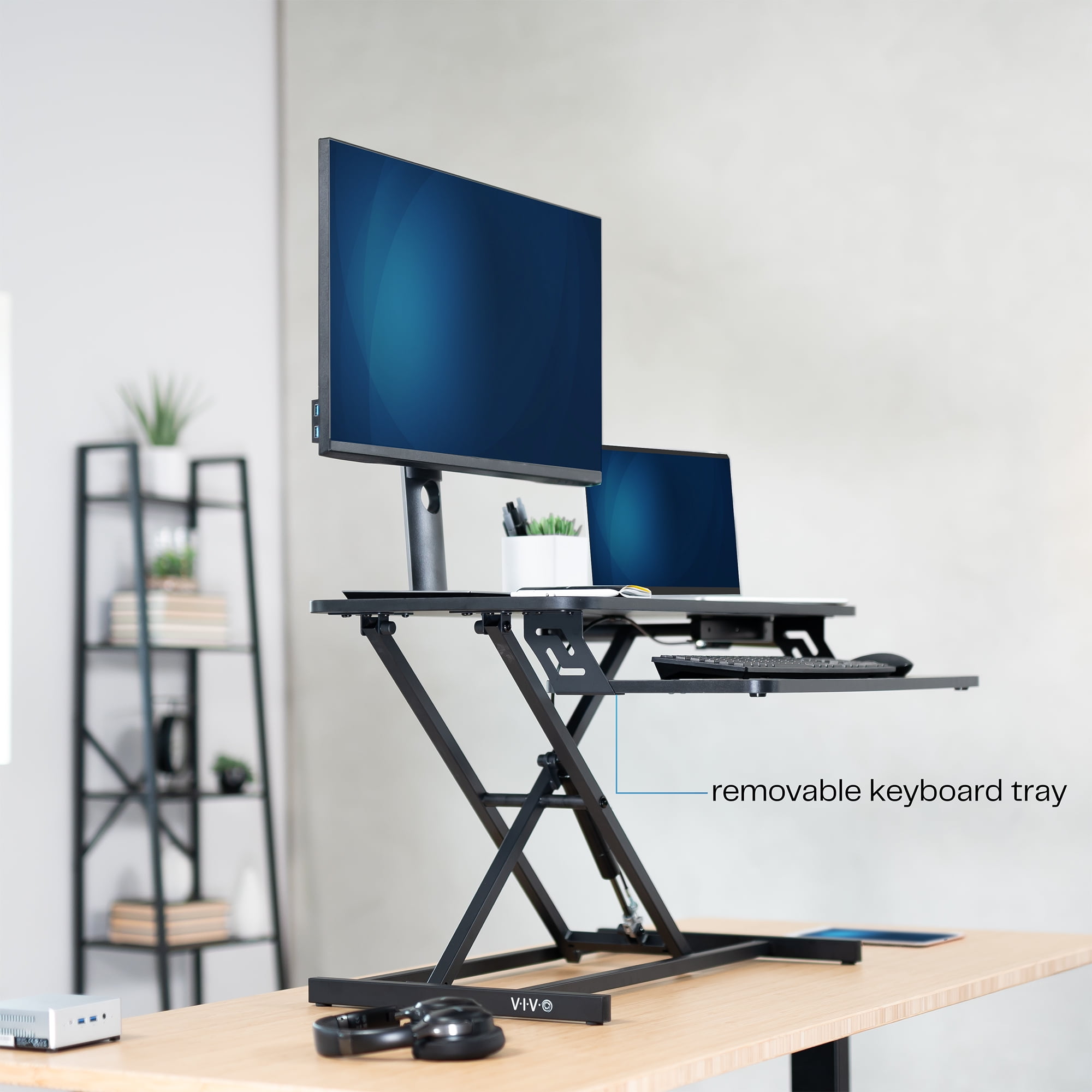 VIVO Black Height Adjustable 32" Standing Desk Monitor Riser, Sit Stand Tabletop