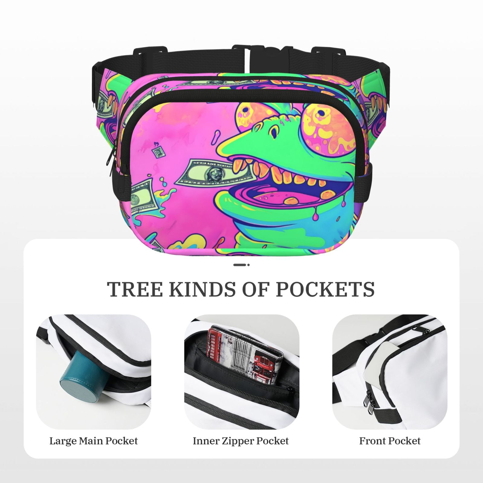 Picia Psychedelic Cartoon Frog Print Square Double-Layer Waist Bag Mini Adjustable Waist Belt Bag Exercise Running Travel Hiking
