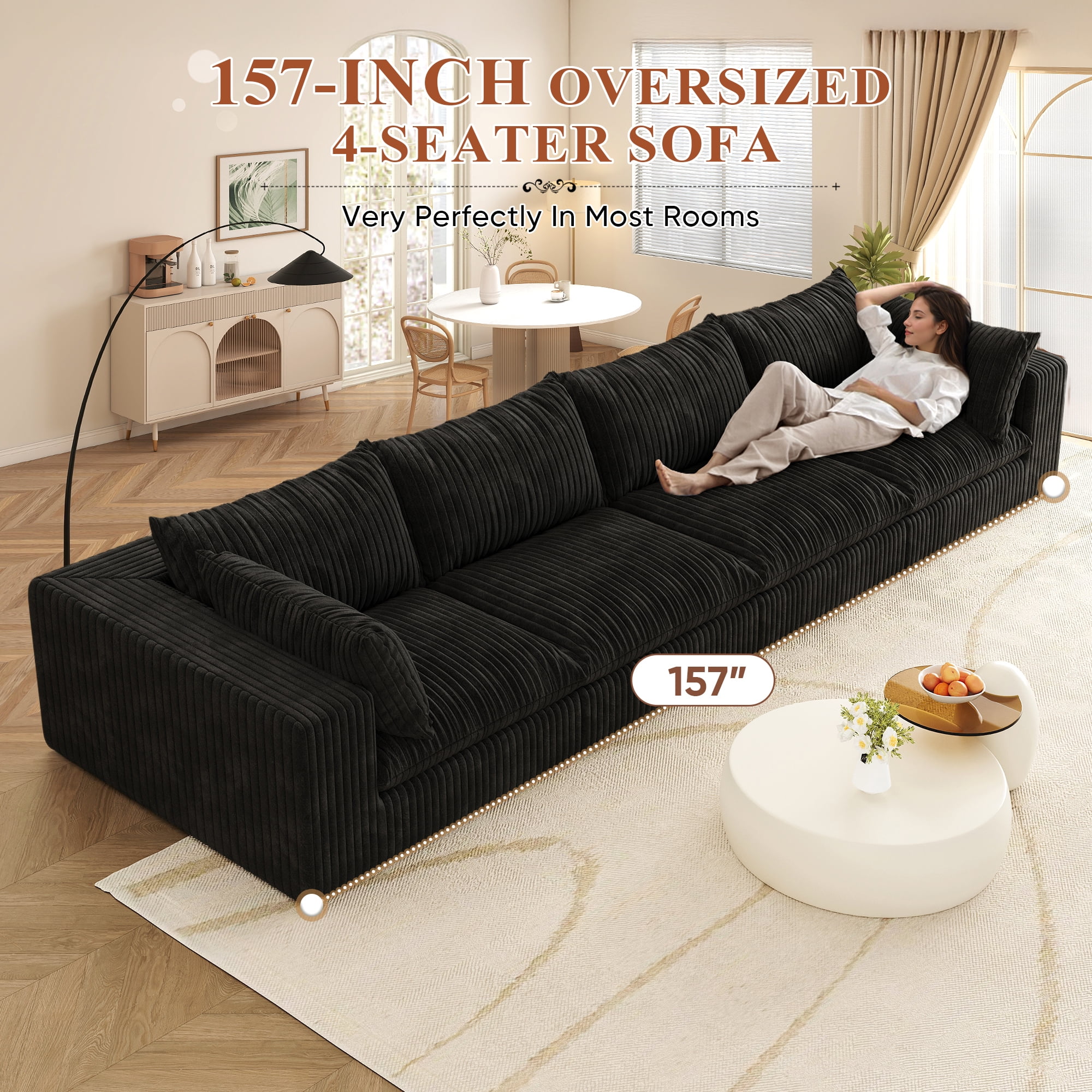 Muumblus 157" Oversized 4-Seater Boneless Sofa, No Assembly Deep Seat Corduroy Cloud Couch, Sleeper Sofa for Living Room, Black