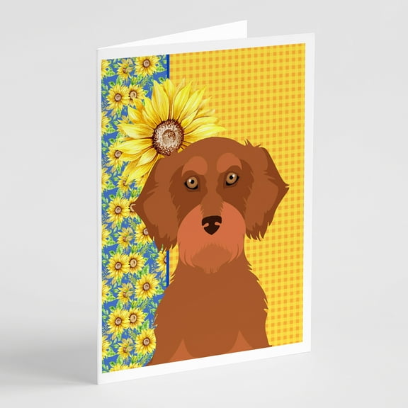 Summer Sunflowers Wirehair Red Dachshund Greeting Cards and Envelopes Pack of 8 7 in x 5 in