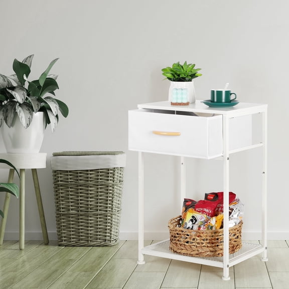 White Nightstand with Charging Station, Bedside Table with Fabric Drawer & Shelf, Small End Table with USB Ports for Bedroom, Living Room