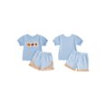 thumbnail image 2 of RUINIXCW Toddler Baby Girl Halloween Outfit Kids Little Girl Summer Fall Clothes Pumpkin Football Embroidery Short Sleeves T-Shirt and Plaid Ruffles Shorts Set, 2 of 9
