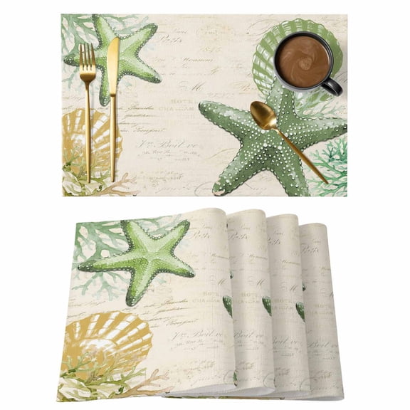 Ocean Green Starfish Placemats Set of 2, Summer Nautical Coastal Sea Seashells Coral Non-Slip Place Mats Washable Table Mats for Kitchen Dining Table Decorations Indoor/Outdoor