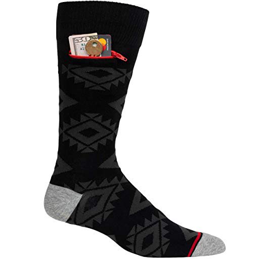 Pocket Socks Mens Pocket Socks, Aztek Black and Grey, Crew Soft