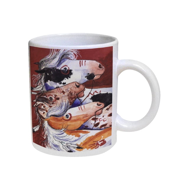 KuzmarK Coffee Cup Mug Pearl Iridescent White - Pinto and Appaloosa Indian War Ponies Horse Art by Denise Every