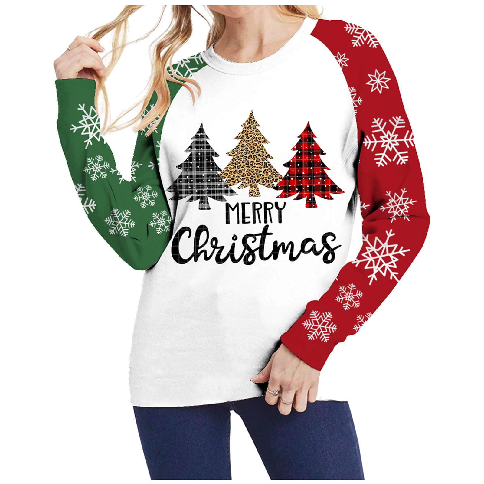 Ladies Reindeer Santa Friend Shirt Womens Snowflake Stretchy Long Sleeve Top