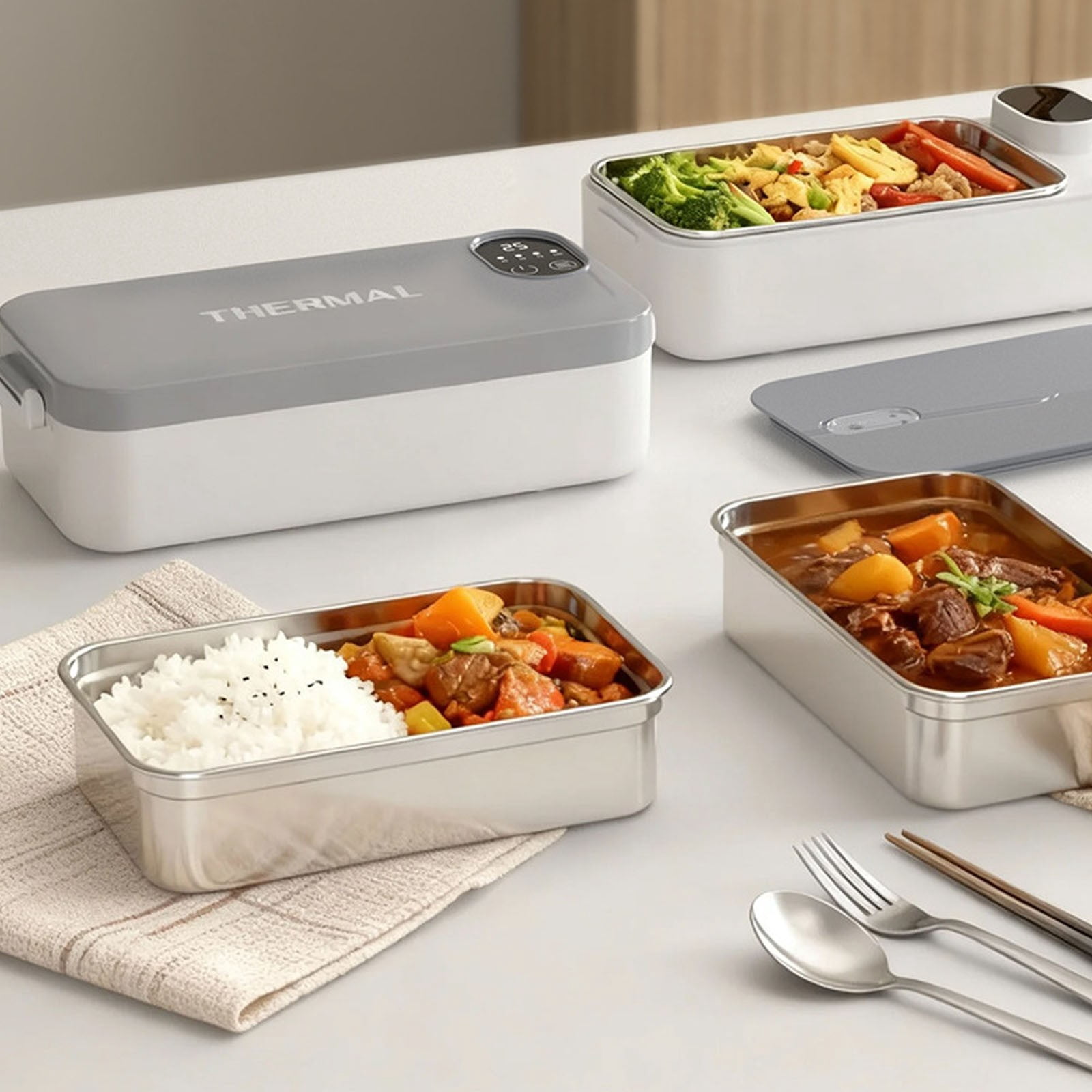 Goowood Heated Lunch Box 7200mAh Rechargeable Lunch Box With Stainless Container Adjustable Temperature Display Heating Lunchbox Portable Warmer