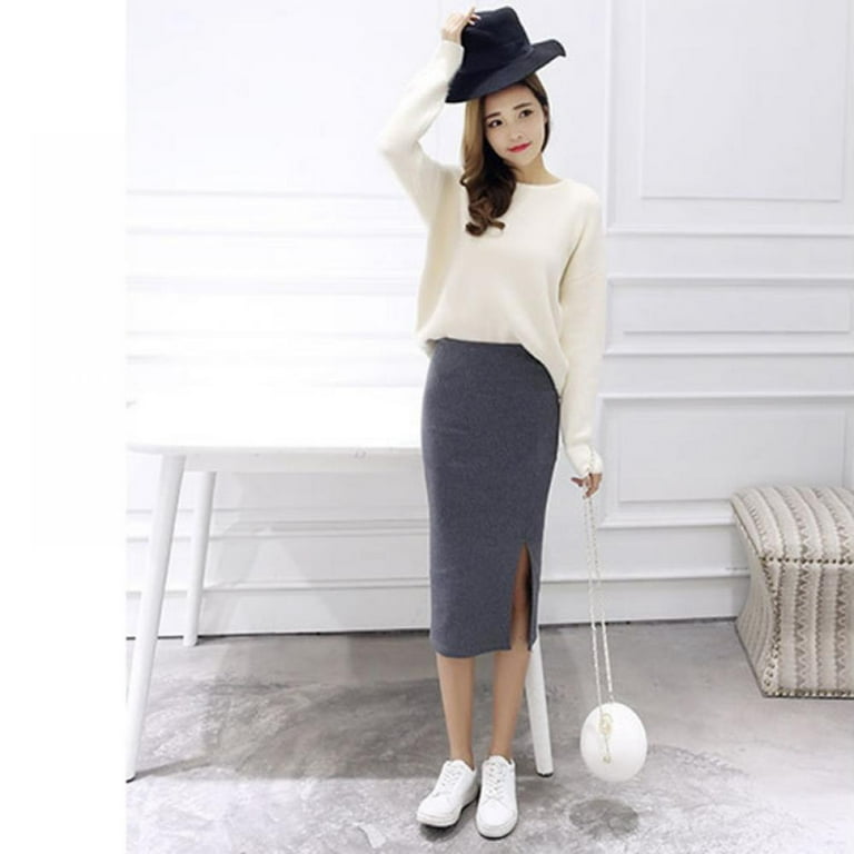 Women s Solid Basic Elegant Plain Cotton Stretch Office Pencil Skirt Below Knee Slim Long Skirts Gray