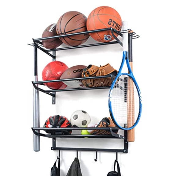 Garage Sports Equipment Storage Rack with 3 Separate Shelf Ball Rack Sport Equipment Organizer with 4 Hooks for Badminton Racket Basketball Rack for Basketball Football Rugby