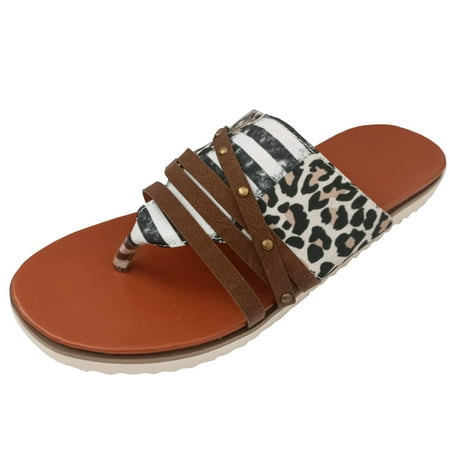 

ZIZOCWA Women Summer Independence Day Leopard Print Slip On Casual Open Toe Flat Soft Bottom Breathable Shoes Sandals Slippers Fuzzy Womens Slippers S Brown 7.5