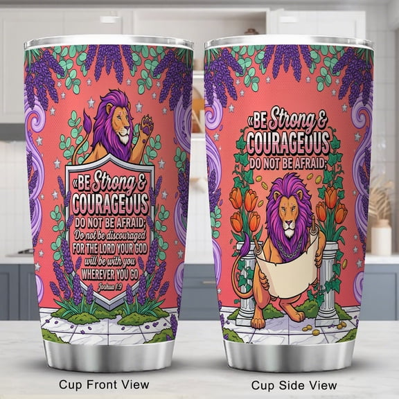 Lion Tumbler 20oz Joshua 1:9 Be Strong Coffee Tea Cup with Lid for Dad Father's Day Gift