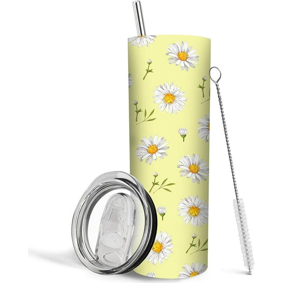 Floral Tumbler, Daisy Gifts for Women, Daisy Coffee Travel Mug, Cute Skinny Tumbler with Lid and Straw, Daisy Flowers Items, Unique Birthday Gifts for Women, Friends Female - 20Oz Daisy Water Bottle