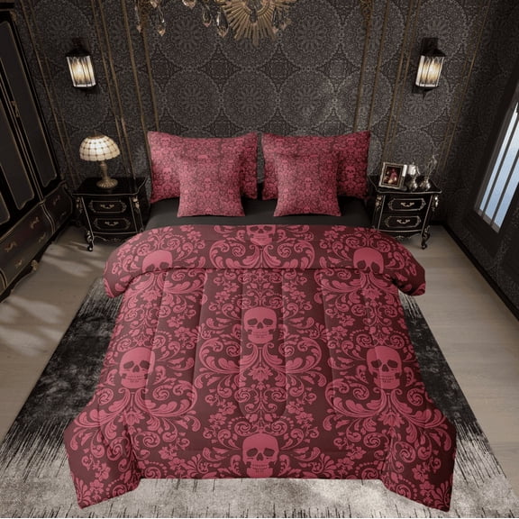 Damask Gothic Bedding Set Adults Antique Victorian Bed in a Bag Queen Comforter Set 7 Piece,Carmine Sugar Skull Sheet Set Vintage Baroque Floral Goth Bed Set,Exotic Bone Skeleton Bohemian Decor