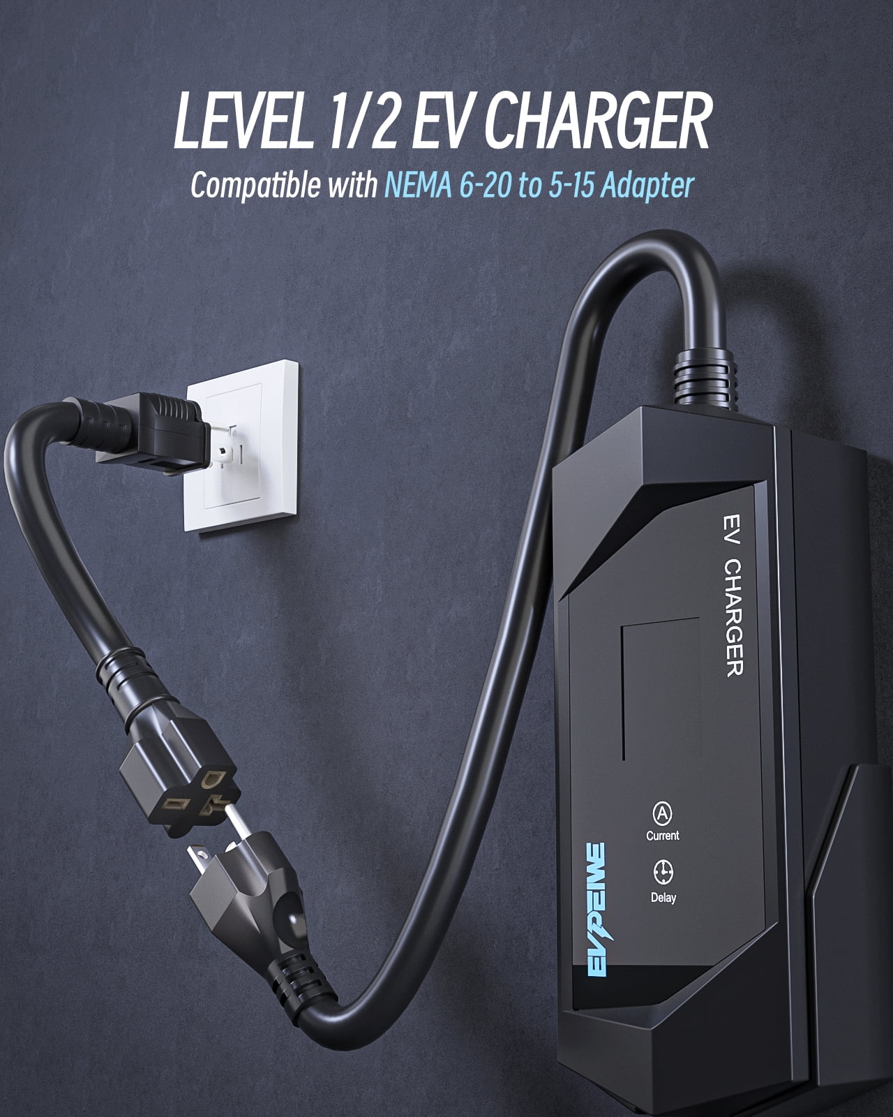EVPEIWE Level 1/2 EV Charger 16A, 25ft, 110-240V Portable EV Charger with NEMA 14-50/NEMA 5-15 Plug