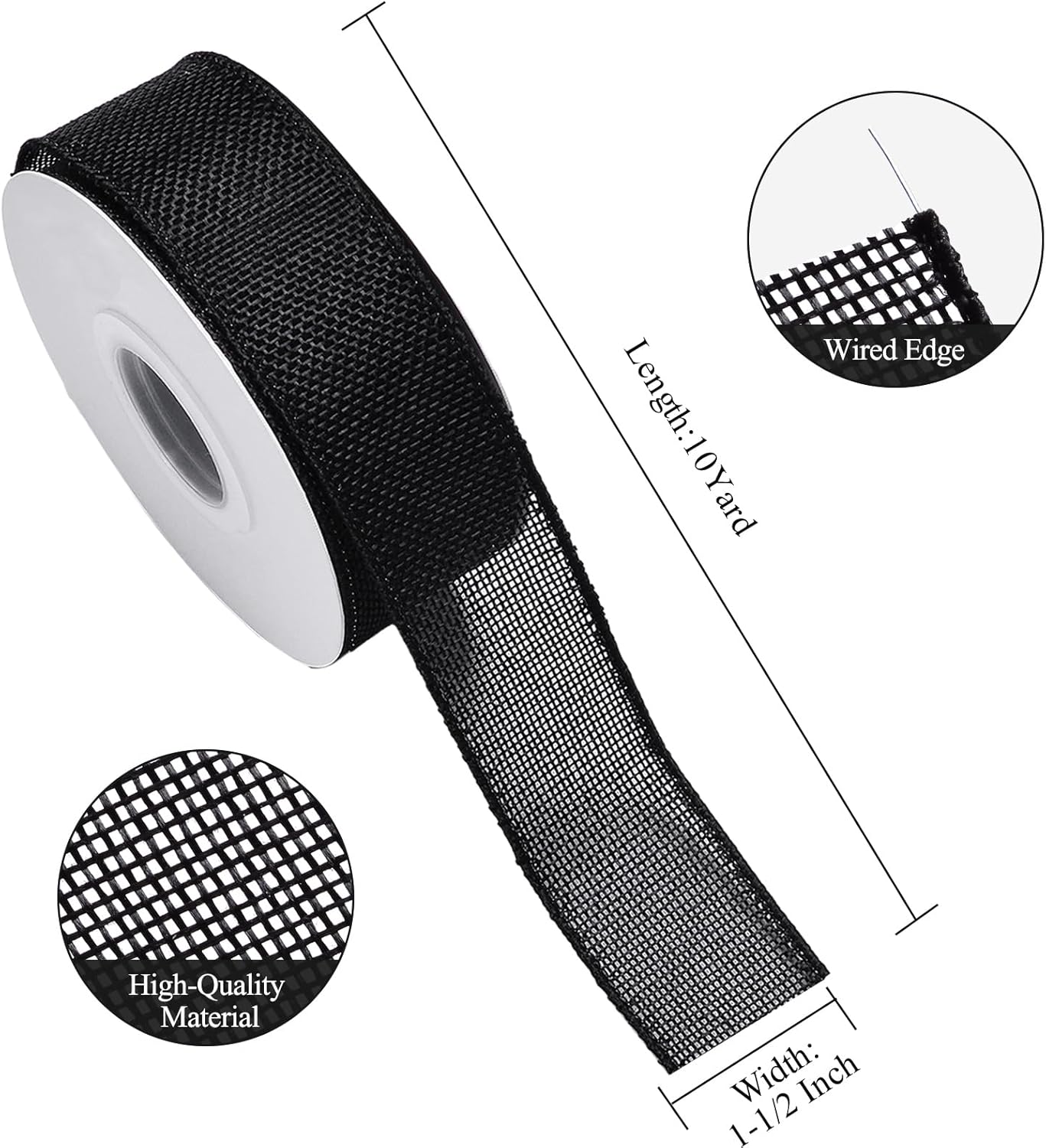 Burlap Black Wired Ribbon, 1 1/2 inch 10 Yard, Jute Ribbon for Decoration Bows Craft Gift Wrapping Wreath Sewing