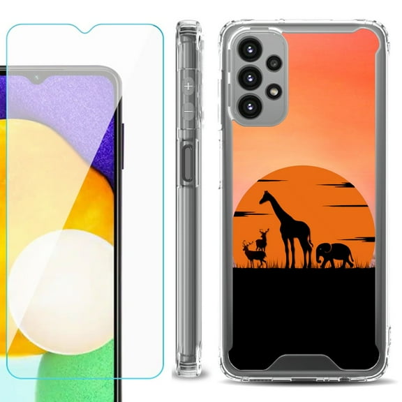 Shockproof Bumper Phone Case for Samsung Galaxy A23 5G, with Tempered Glass Screen Protector, by OneToughShield ® - Sunset Safari