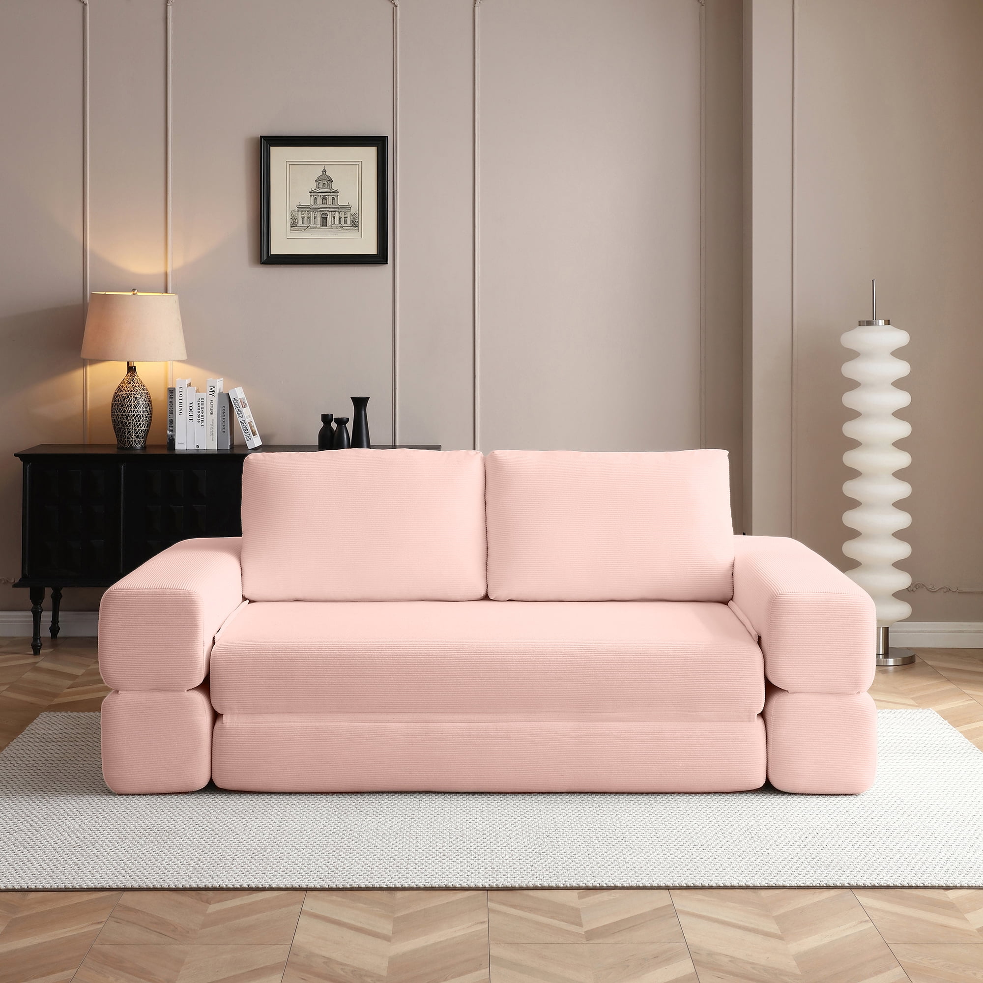 81-Inch Convertible Sofa Bed with Pillows, 3-in-1 Folding Floor Couch and Corduroy Futon Sleeper Mattress for Living Room and Bedroom, Pink