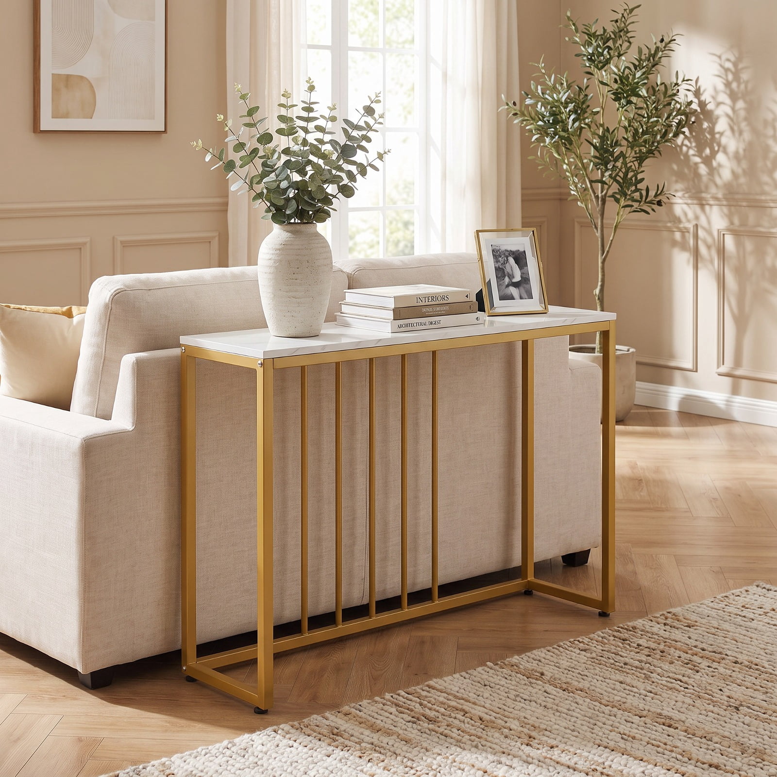 Furnibear 39 Inch Modern Console Table with Built-in Charging Station USB Type-C and AC Outlets for Entryway Living Room and Hallway, White