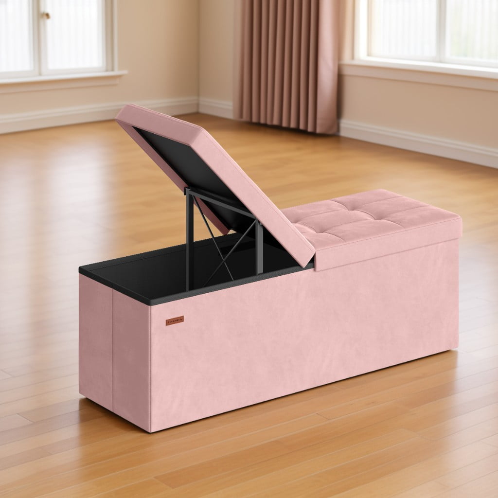 LEDREM 43" Foldable Storage Ottoman Bench with Flipping Lid, MDF Seat with Divider, 660 lb Capacity for Entryway, Living Room, Bedroom, Velvet Footstool, Jelly Pink