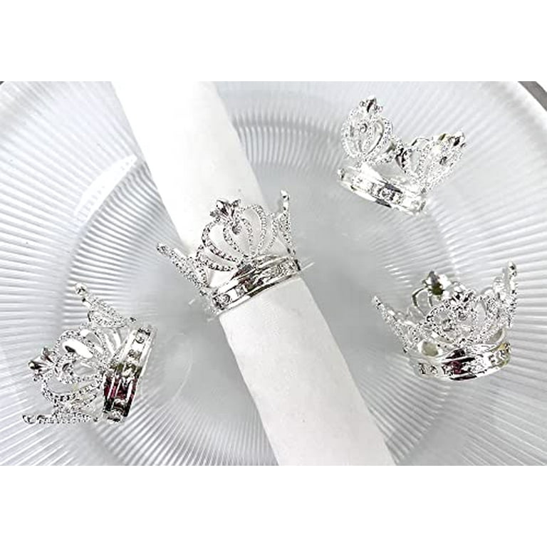 Fennco Styles Elegant Jeweled Crown Design Metal Napkin Rings Set of 4 Silver Rhinestone Napkin Holders for Home D cor Dining Room Wedding