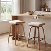 Guyou 26 Swivel Counter Height Bar Stools Set of 2, Modern Backless Counter Height Bar Stools with Linen Upholstered, Farmhouse Bentwood Saddle Seat Wooden Island Chairs for Kitchen Pub, Beige