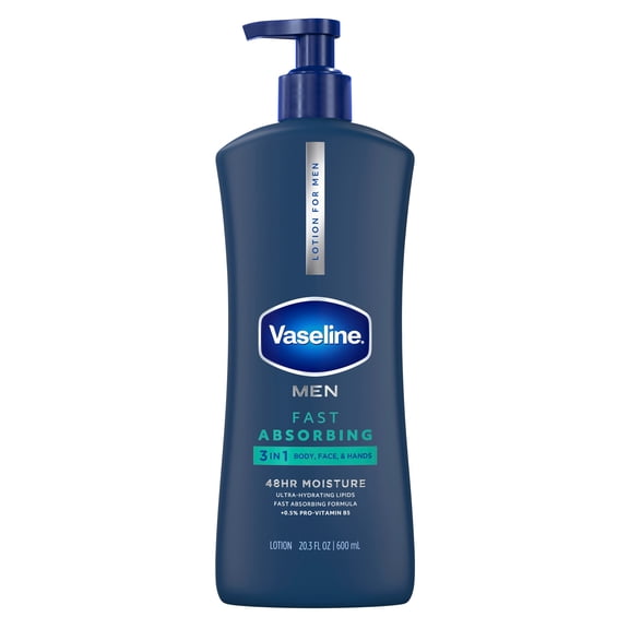 Vaseline Men Fast Absorbing 3-in-1 Face, Hands & Body Lotion For Men, For Dry Skin, Absorbs in Just 15 Seconds for Moisturized Skin, 20.3 Fl oz