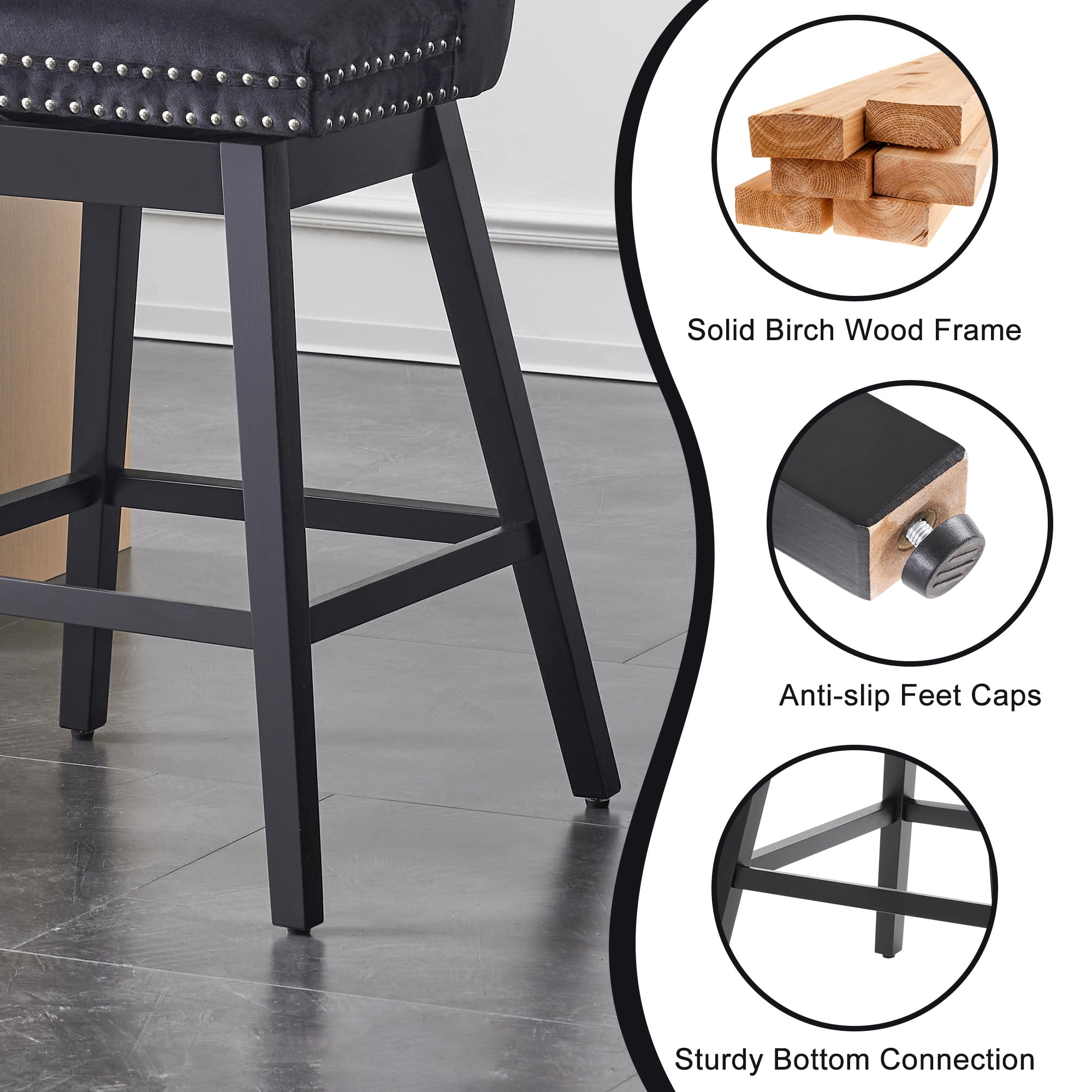 TEWLOSS 30" Swivel Bar Stools Set of 2, Black Velvet Bar Height Chairs with Back for Home Pub