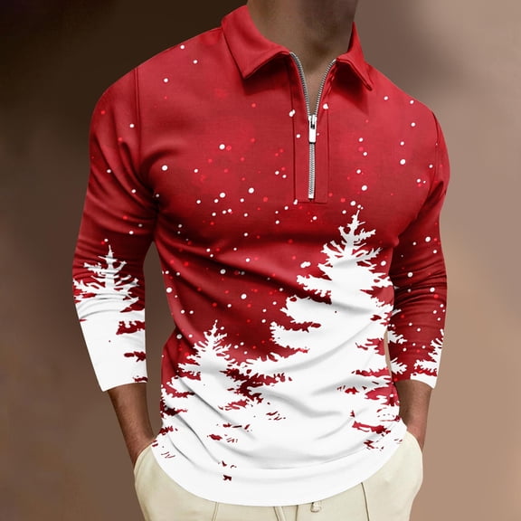KeShDi Christmas Mens Flannel Shirts Long Sleeve Men's Christmas Printed Long Sleeved Lapel T-shirt Top Poloshirt Multicolor L