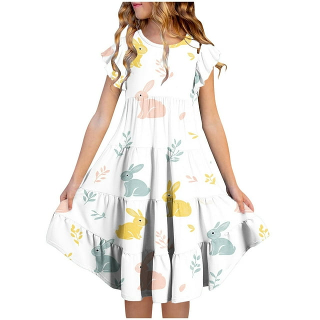 EGNMCR Short Sleeve Round-Neck Dress Girls' Summer Easter Flower Print Short Sleeve Ruffled Pockets Round-Neck Printed Dress For Kids Girl Polyester Dress
