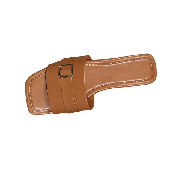 Slides for Women Flat Sole Open Square Toe Matel Buckle Decor Non Slip Summer Leather Sandals Brown