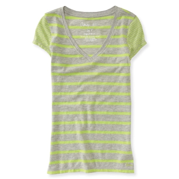 Aeropostale Camiseta básica con cuello en V a rayas para mujer, verde, pequeña Aeropostale Camiseta básica